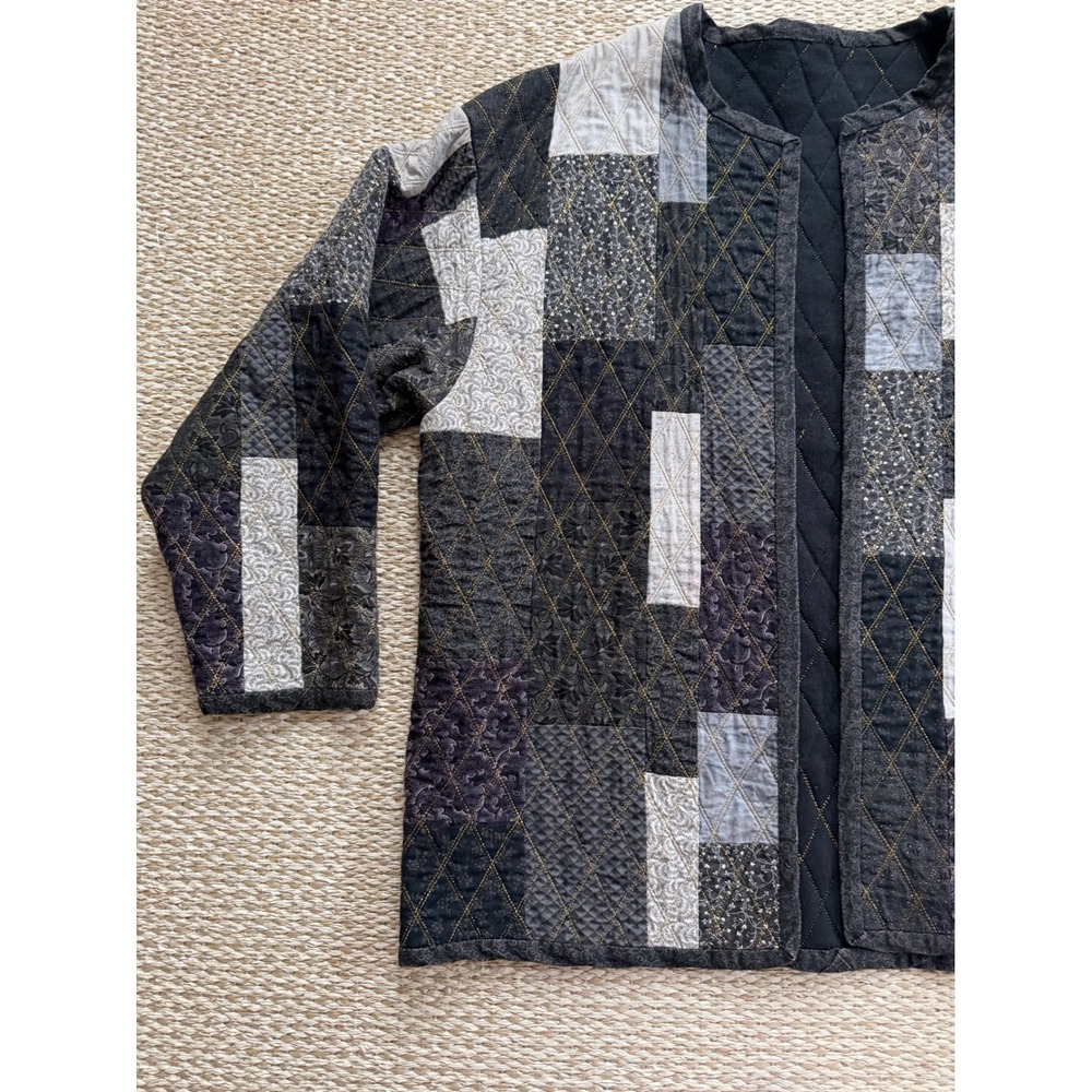 Handmade Quilted Patchwork Jacket Open Front Cardigan Black Grey Boho XL - Picture 2 of 7